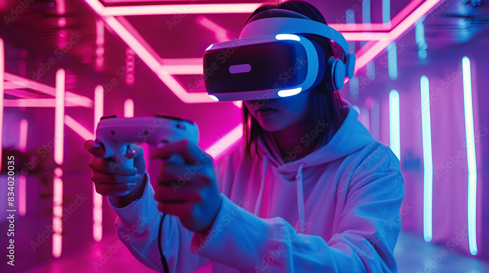 A girl wearing a gaming headset, focused on her game with an intense expression A girl wearing a gaming headset, focused on her game with an intense expression