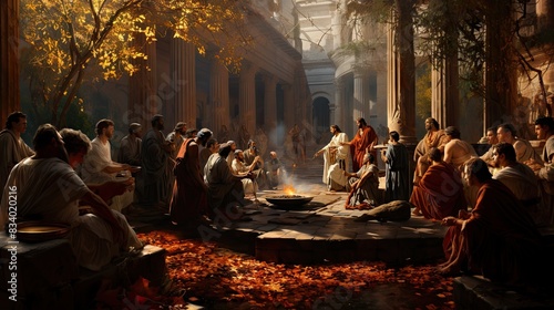 Fototapeta Naklejka Na Ścianę i Meble -  A group of classical philosophers engages in a lively discussion outdoors under a tree with fall foliage