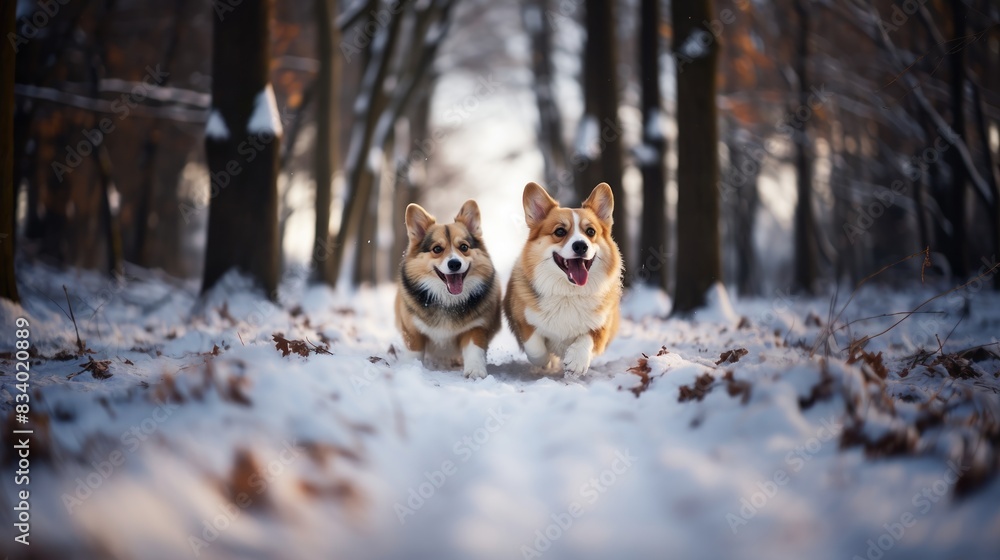 A pair of cheerful Corgi dogs are playing joyfully in the snowy forest during winter A pair of cheerful Corgi dogs are playing joyfully in the snowy forest during winter