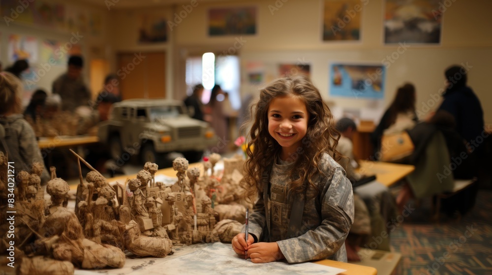 A smiling young girl proudly presenting her art project at a school exhibition A smiling young girl proudly presenting her art project at a school exhibition