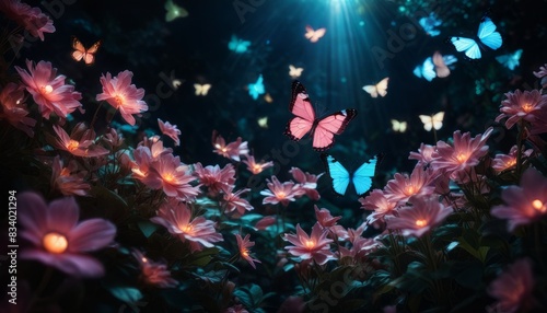 A field of colorful butterflies with a bright blue sky in the background photo