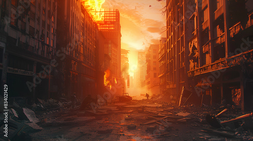 a post apocalyptic city, war struck, destroyed city, dystopian fantasy wallpaper, gaming concept