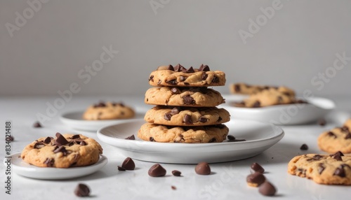 A stack of chocolate chip cookies on a white plate photo