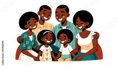Large, dark skinned family, joyful and grinning on Parents' Day, flat-style portrait