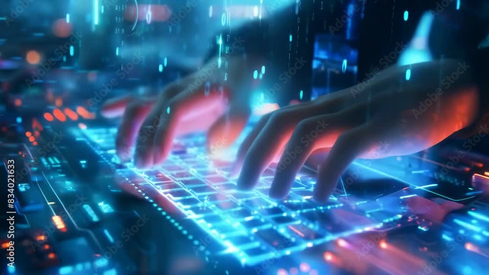 A close-up shot of hands typing on a high-tech, transparent keyboard with a holographic interface. The scene suggests a futuristic digital environment, possibly late evening, with neon lighting giving A close-up shot of hands typing on a high-tech, transparent keyboard with a holographic interface. The scene suggests a futuristic digital environment, possibly late evening, with neon lighting giving