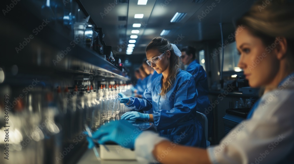 Two scientists with obscured faces work amidst vials and equipment in a high-tech laboratory setting, symbolizing research and science Two scientists with obscured faces work amidst vials and equipment in a high-tech laboratory setting, symbolizing research and science