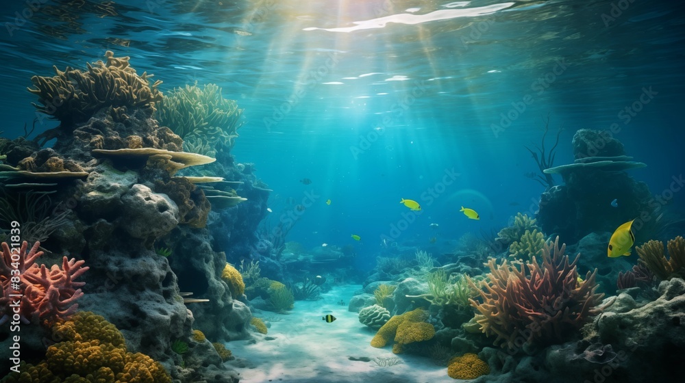 A Vibrant Coral Reef Scene with Tropical Fish and Sunlight Beams Underwater A Vibrant Coral Reef Scene with Tropical Fish and Sunlight Beams Underwater