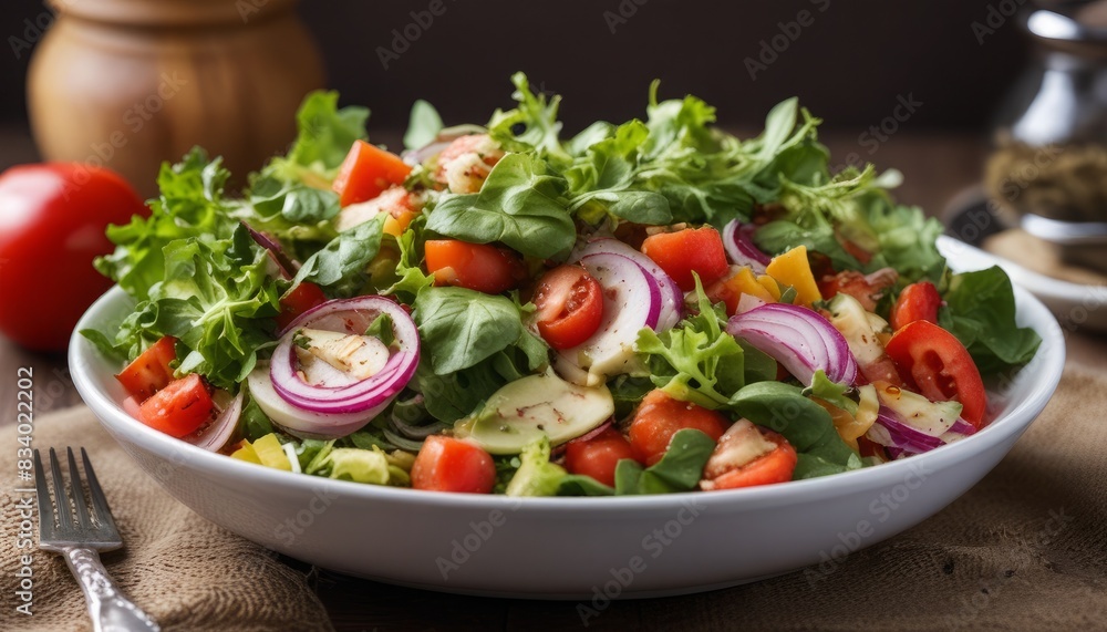 A salad with a variety of vegetables including tomatoes, lettuce, and onions A salad with a variety of vegetables including tomatoes, lettuce, and onions