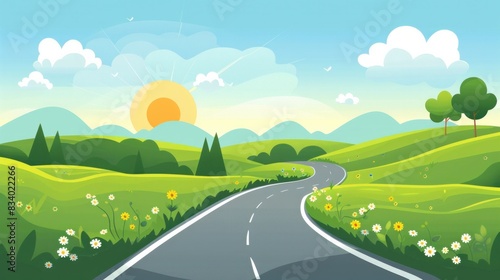 A vector illustration of a road leading through fields, hills, and trees under a cloudy sky.
