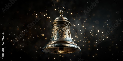 Antique metal bell with intricate designs, illuminated by sparkling golden lights, creating an enchanting and mystical atmosphere.