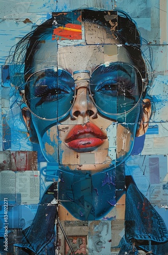 Mixed media styled trendy fashion illustration of a woman in sunglasses, fashion painted poster with a girl, photo collage with paint splashes and torn paper , scrapbooking, AI