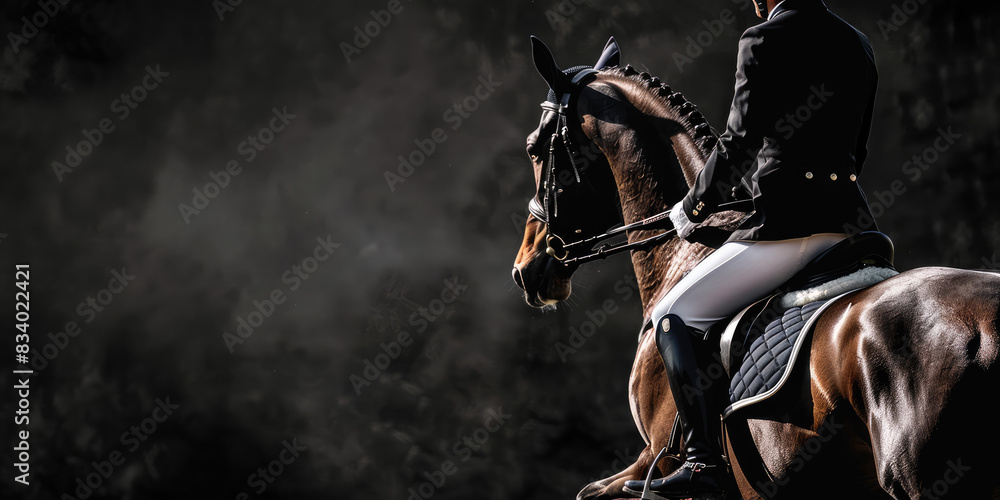 Naklejka premium elegant dressage horse and rider in black attire