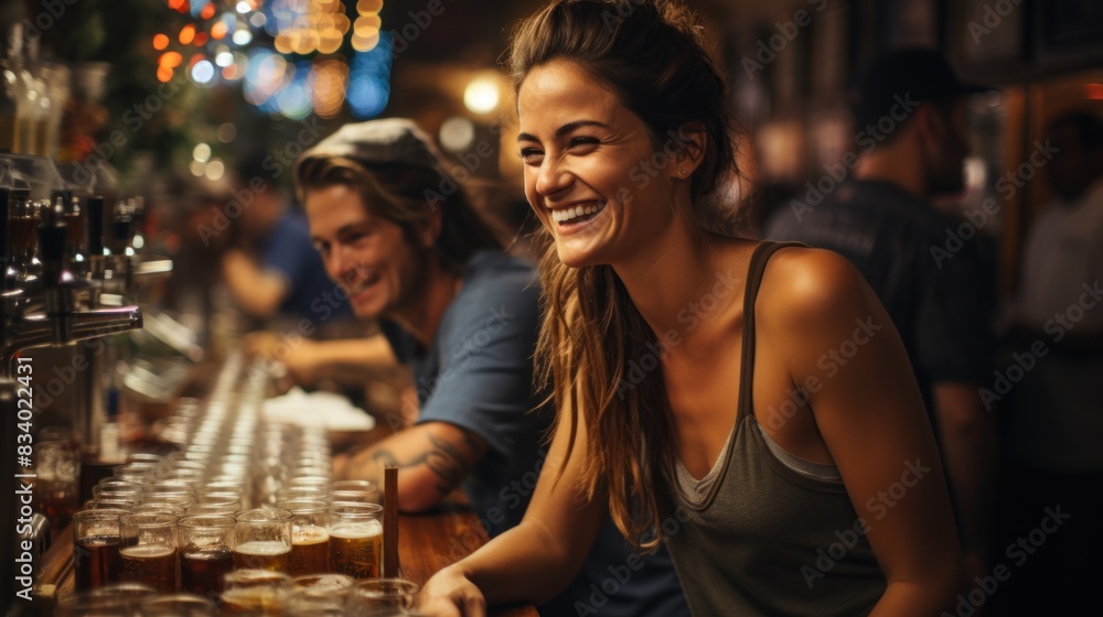 A vivacious woman enjoys a time with friends at a bar offering a selection of beer samples A vivacious woman enjoys a time with friends at a bar offering a selection of beer samples