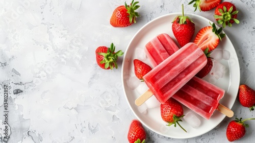 Delicious strawberry ice cream popsicles arranged on a white plate against a white stone background.