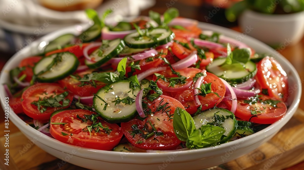 A photo of a close-up of a cutting board with bowled food, including tomatoes, cucumber, onion, and herbs A photo of a close-up of a cutting board with bowled food, including tomatoes, cucumber, onion, and herbs