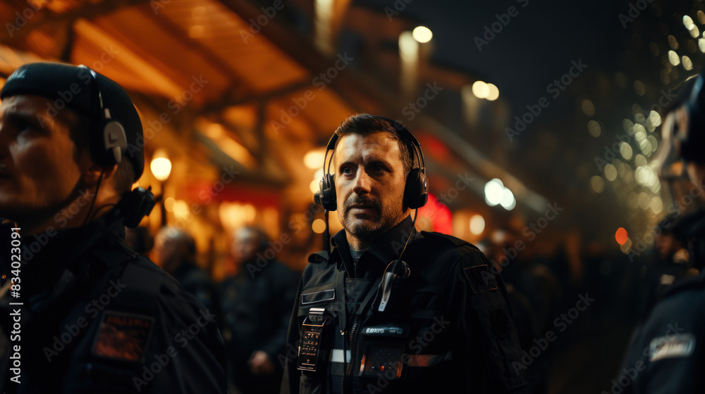 Close-up of a focused security guard wearing a headset at a nighttime outdoor event, ensuring public safety Close-up of a focused security guard wearing a headset at a nighttime outdoor event, ensuring public safety