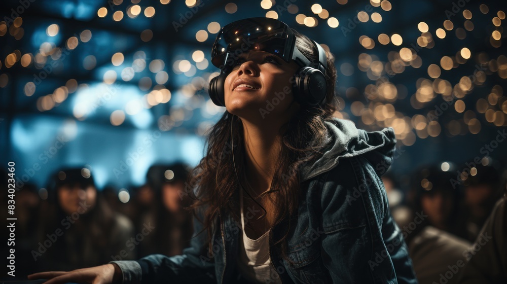 A young female DJ is immersed in music, mixing tracks on a console in a club with vibrant bokeh lights A young female DJ is immersed in music, mixing tracks on a console in a club with vibrant bokeh lights
