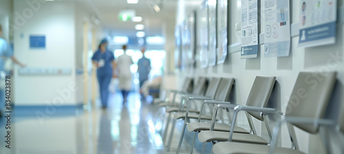 a close-up image of a modern hospital waiting area with chairs and informative posters on the walls, while the blurred background shows patients waiting and nurses walking by, Inte photo