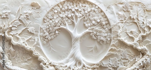 3D relief white tree wallpaper mural wall. AI generated illustration