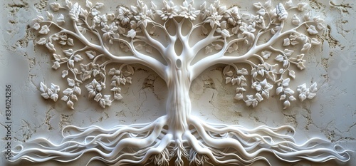 3D relief white tree wallpaper mural wall. AI generated illustration