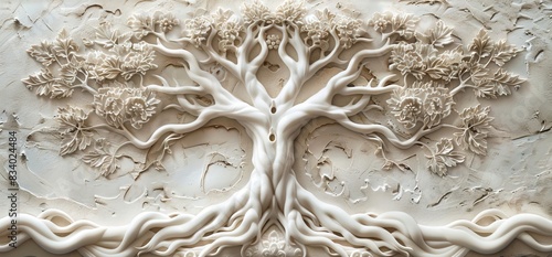 3D relief white tree wallpaper mural wall. AI generated illustration