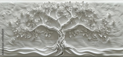 3D relief white tree wallpaper mural wall. AI generated illustration