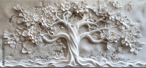 3D relief white tree wallpaper mural wall. AI generated illustration