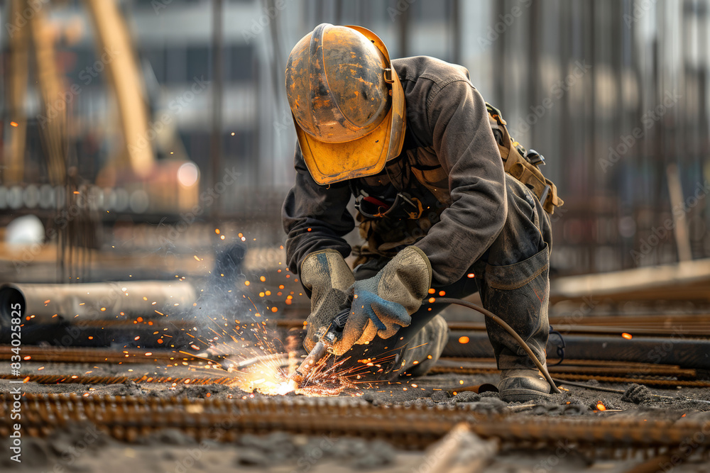 Close-up of a worker welding metal at a construction site, with bright sparks flying, emphasizing the skill and intensity of the work.
Close-up of a worker welding metal at a construction site, with bright sparks flying, emphasizing the skill and intensity of the work.