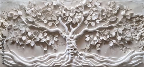 3D relief white tree wallpaper mural wall. AI generated illustration