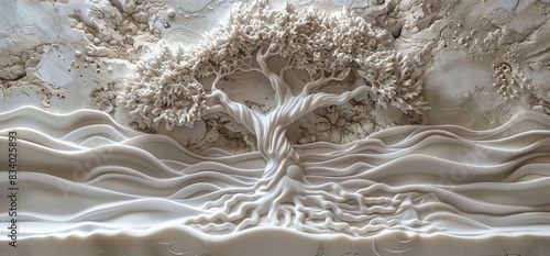 3D relief white tree wallpaper mural wall. AI generated illustration