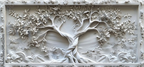 3D relief white tree wallpaper mural wall. AI generated illustration