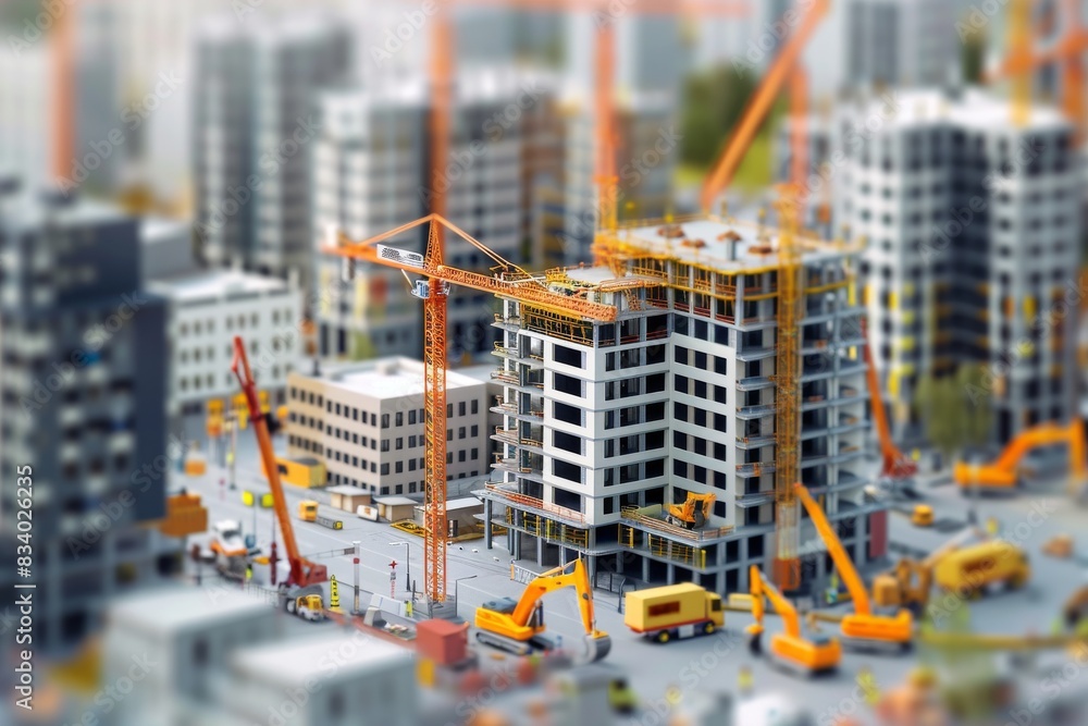 3D isometric miniature scene of a modern city with buildings under construction, cranes and heavy machinery in the background, focus on a building under formation, depth of field effect 3D isometric miniature scene of a modern city with buildings under construction, cranes and heavy machinery in the background, focus on a building under formation, depth of field effect