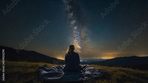 A mesmerizing background featuring a person lying on a blanket  looking up at a star-filled night sky in a remote  natural setting. The Milky Way is visible  wonder  and vastness