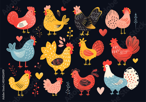 Bright cute funny characters with hearts. A big set of risoprint style stickers with chickens. Illustration Isolated on a black background. photo