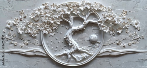 3D relief white tree wallpaper mural wall. AI generated illustration