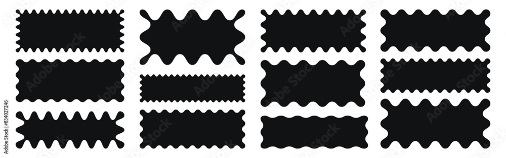 Rectangle shapes with zig zag wavy edges. Squiggle frames for labels, banners, tags, stamps. Scallop vector figures. Rectangle shapes with zig zag wavy edges. Squiggle frames for labels, banners, tags, stamps. Scallop vector figures.