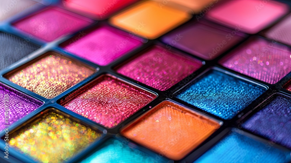 Detailed view of a vibrant eyeshadow palette showcasing rich, even colors and texture. Generative AI Detailed view of a vibrant eyeshadow palette showcasing rich, even colors and texture. Generative AI