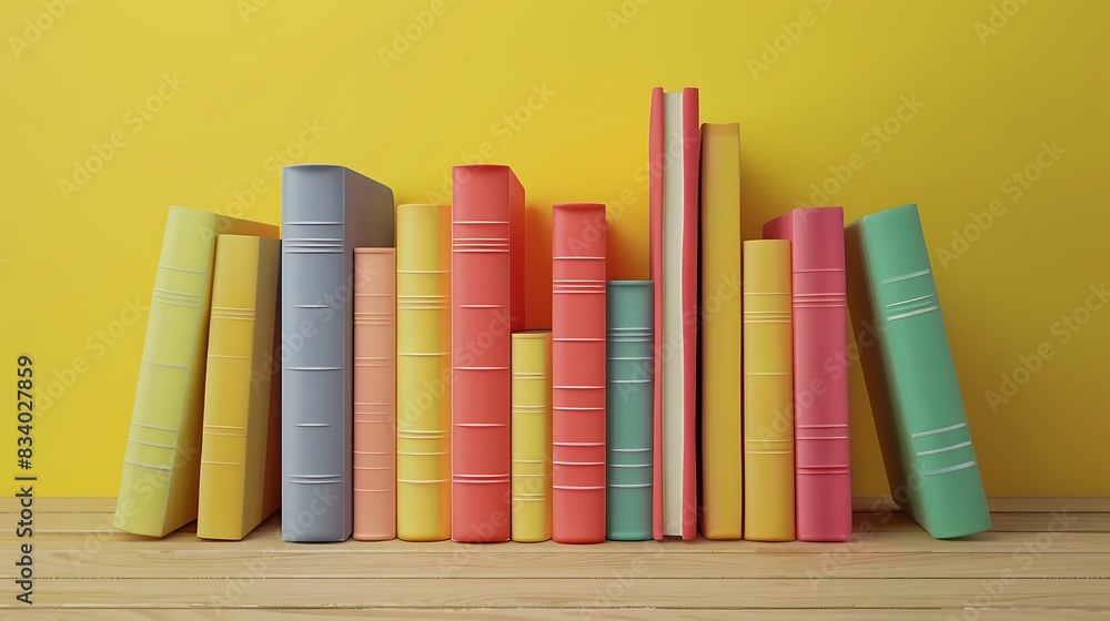 Rows of colorful books on yellow background, 3d render illustration style. Rows of colorful books on yellow background, 3d render illustration style.