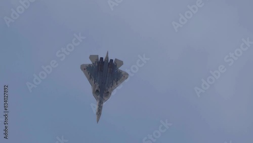 Demonstration of the latest Russian SU-57 fighterof the international aerospace salon MAKS-2021.