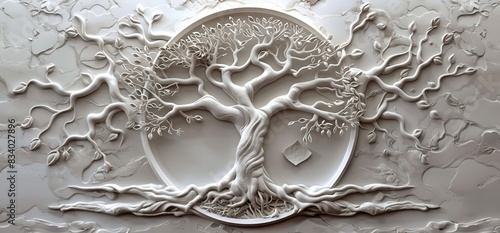 3D relief white tree wallpaper mural wall. AI generated illustration