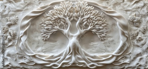 3D relief white tree wallpaper mural wall. AI generated illustration