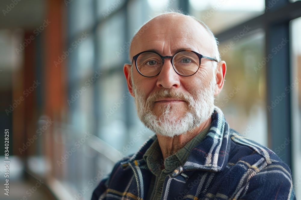 Fototapeta premium Mature university professor, confident, professional, digital SLR, standard zoom, daytime, academic portrait, digital, high realism, soft light. , background blur