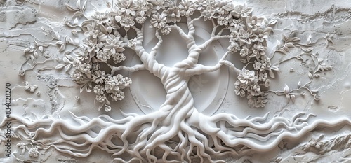 3D relief white tree wallpaper mural wall. AI generated illustration