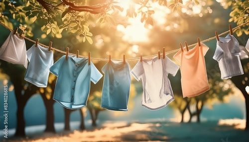 frisch gewaschene Wäsche hängt draußen auf eine leine zwischen zwei bäume. photo