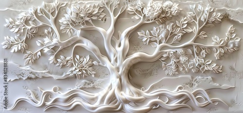 3D relief white tree wallpaper mural wall. AI generated illustration