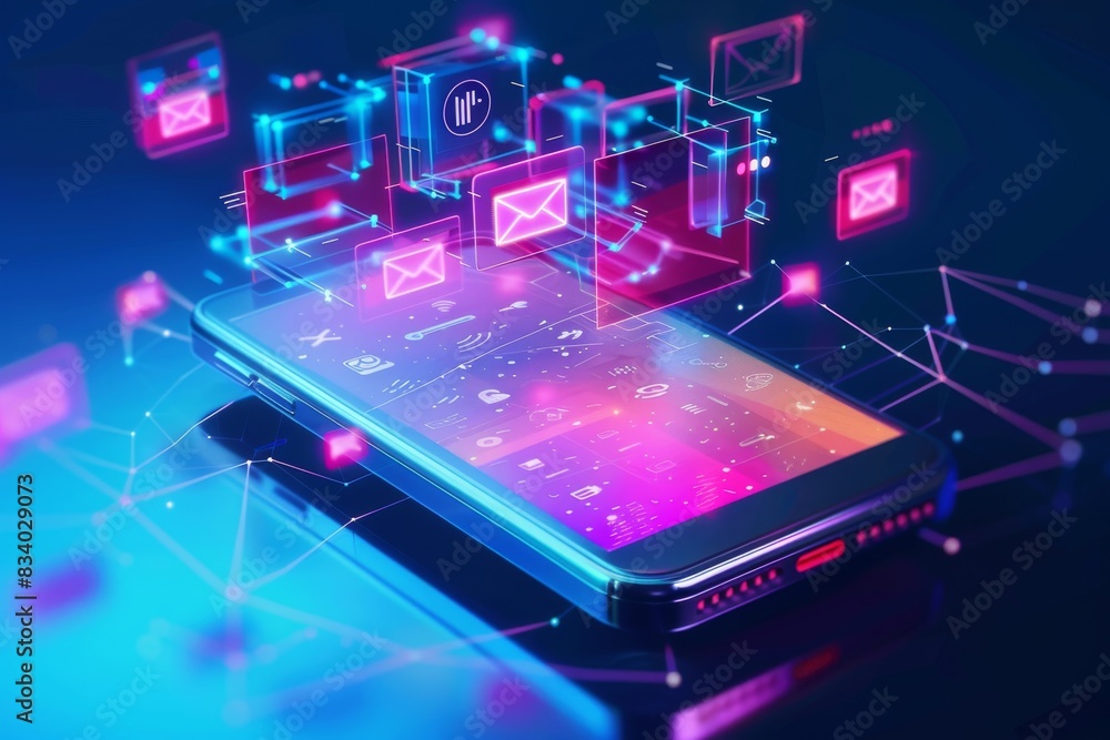 A glowing smartphone with holographic icons and screens showing text messages, surrounded by digital elements representing social media communication. A glowing smartphone with holographic icons and screens showing text messages, surrounded by digital elements representing social media communication.