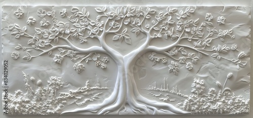 3D relief white tree wallpaper mural wall. AI generated illustration