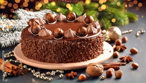 Chocolate cake with cream nuts and chocolate
