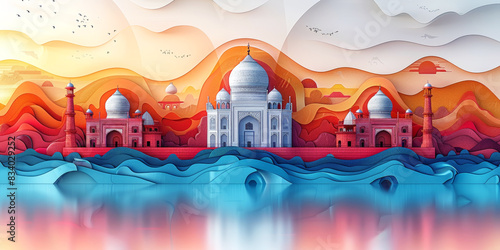 Colorful abstract illustration of the Taj Mahal with vibrant waves and hues, ideal for cultural and artistic projects. Independence Day of India. photo