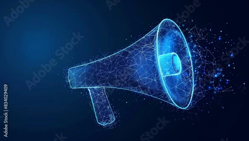 A megaphone made of glowing blue low poly shapes , background is dark blue, in the style of vector, digital art, high resolution